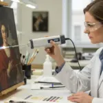 A conservator analyzes a painting with X-ray fluorescence equipment.