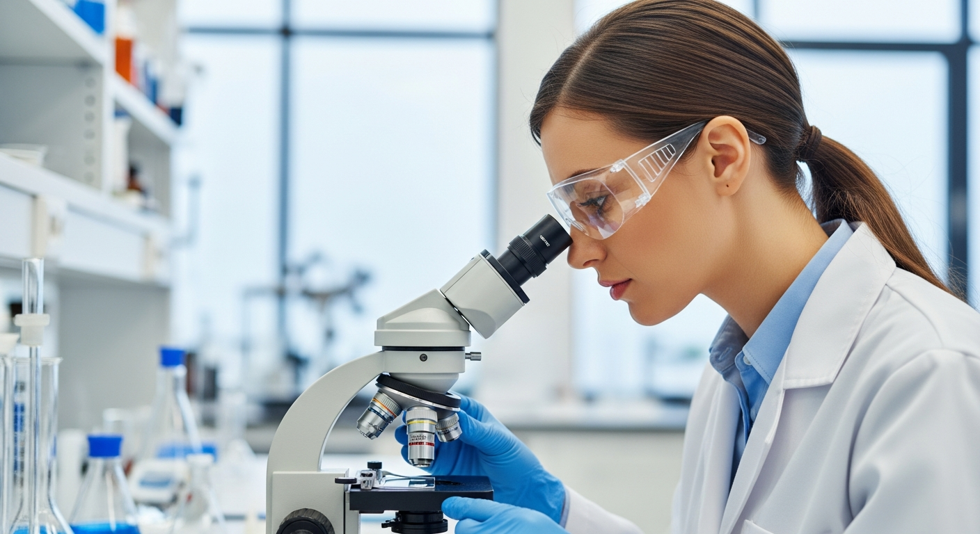 A woman examines zinc pigment under a microscope in a lab.