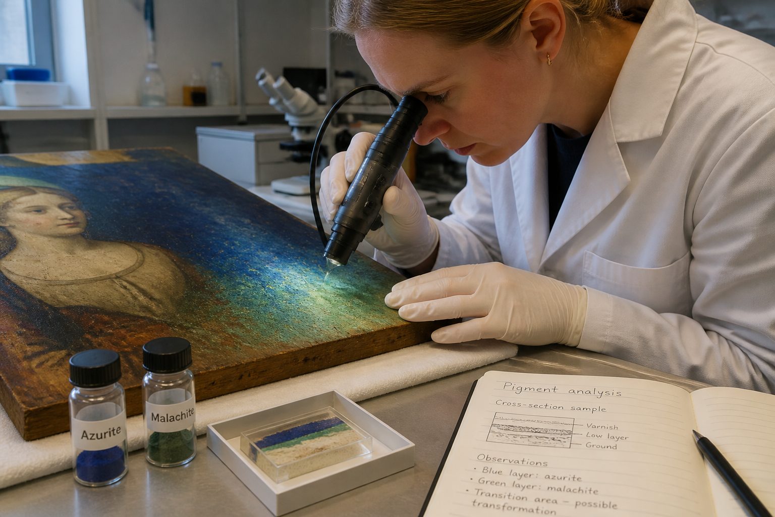 A conservator in a lab examines a wooden panel painting where blue pigment is changing to green using a microscope and pigment sample vials.
