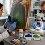 Two conservators in a lab examine a wooden panel painting and compare azurite and malachite pigment samples while studying paint changes.