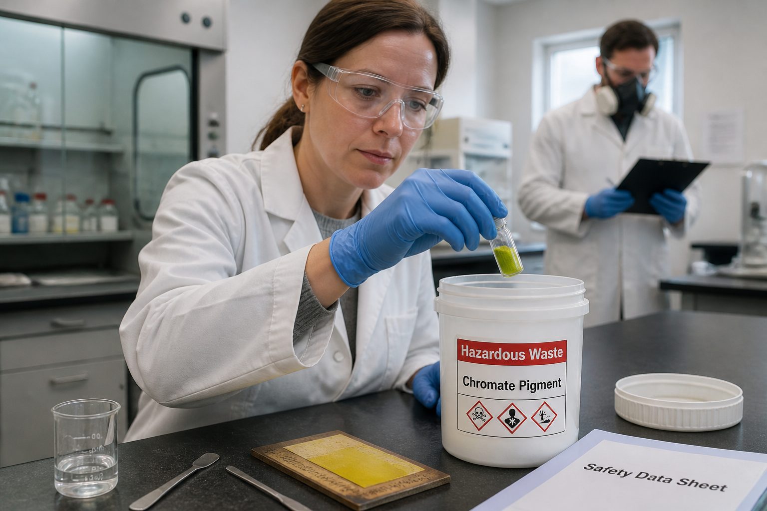 A female conservation scientist wearing gloves and goggles seals a vial of yellow chromate pigment into a hazardous waste container while a male colleague in a respirator stands behind her in a lab.