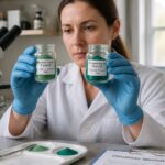 A lab analyst in a lab coat compares two vials of chrome green pigment labeled as safe trivalent chromium and toxic hexavalent chromium.