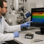 A conservation scientist in a lab uses EDS on a microscope and points to an elemental pigment map on a computer screen.