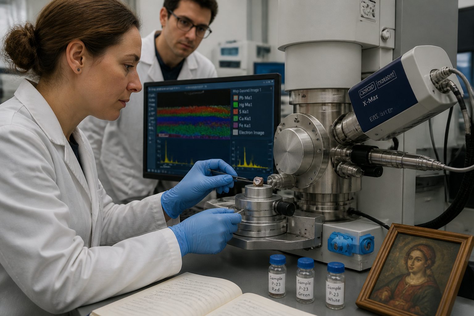A conservator in a lab uses an EDS detector on an electron microscope while a colleague reviews an elemental map of paint pigments on a computer monitor.