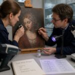 A woman conservator and a man scientist examine an Old Master painting in a lab while using a loupe, microscope, and XRF tool to study lead white paint degradation.