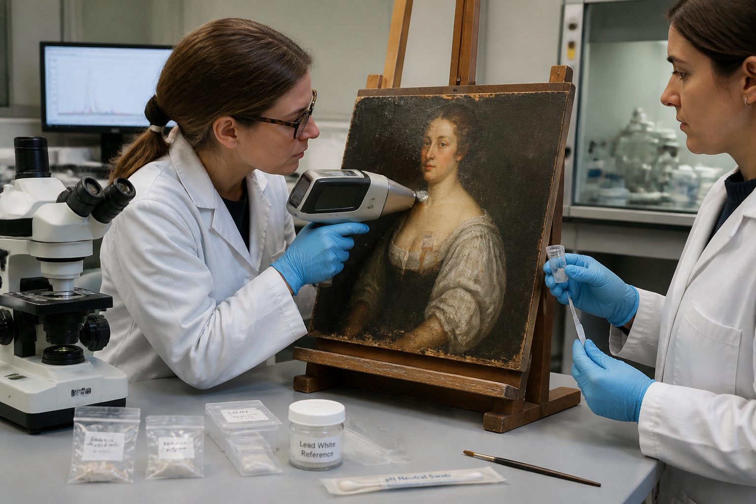 A conservator in a lab uses a handheld analyzer to test white paint on an Old Master painting while another conservator prepares a small sample for stabilization work.