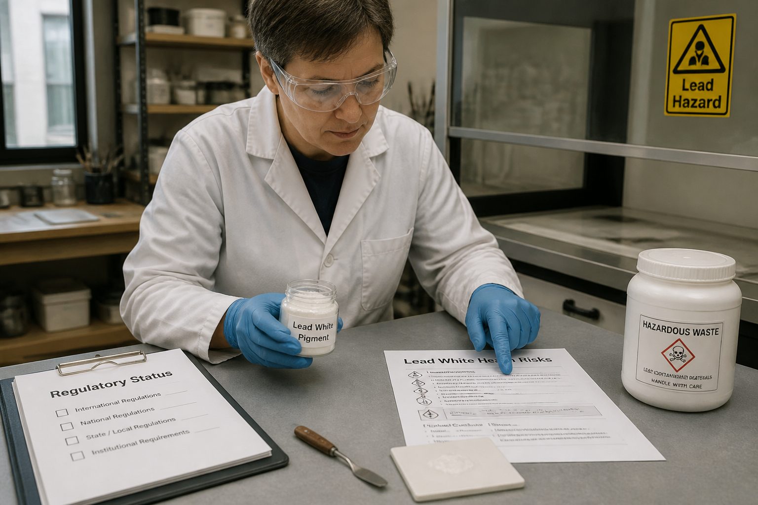 A conservation scientist in a lab coat and gloves examines a jar labeled lead white pigment beside safety documents about health risks and regulatory status.