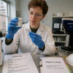 A conservation scientist in a lab holds a vial labeled Lead White while reviewing a health risks sheet and regulatory status binder on a workbench.