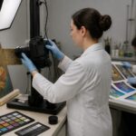 A museum conservator uses a multispectral camera to scan a historical painting while pigment mapping sheets sit on a nearby table