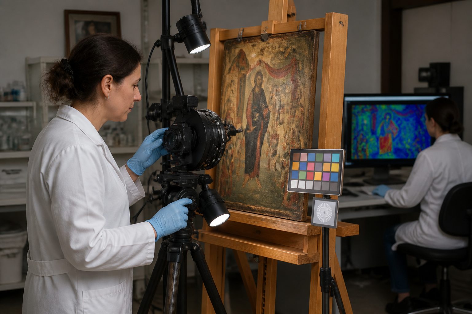 A conservation scientist uses a multispectral camera to scan a historic painting while a technician views a pigment map on a computer.