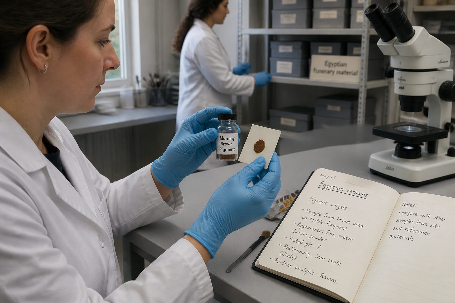 A museum conservator in a lab holds a vial labeled mummy brown pigment while examining a brown paint sample beside a microscope and conservation tools.