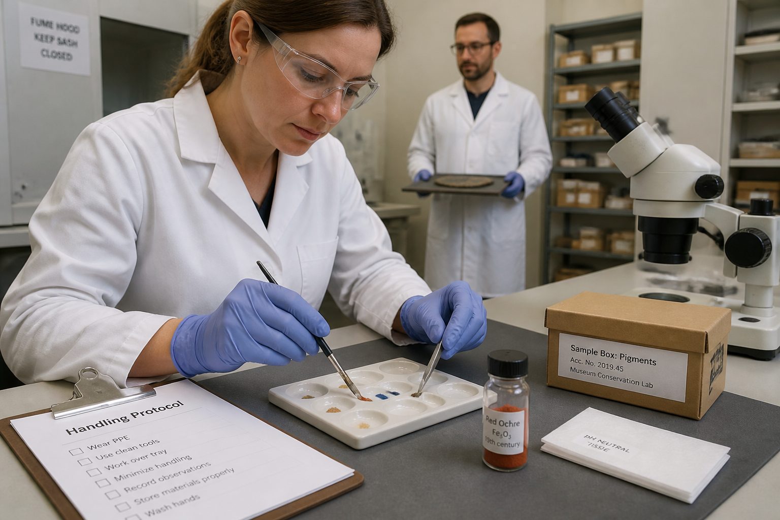 A woman conservator in a museum lab uses gloved hands and small tools to handle historical pigment samples on a spot plate while following a protocol checklist.