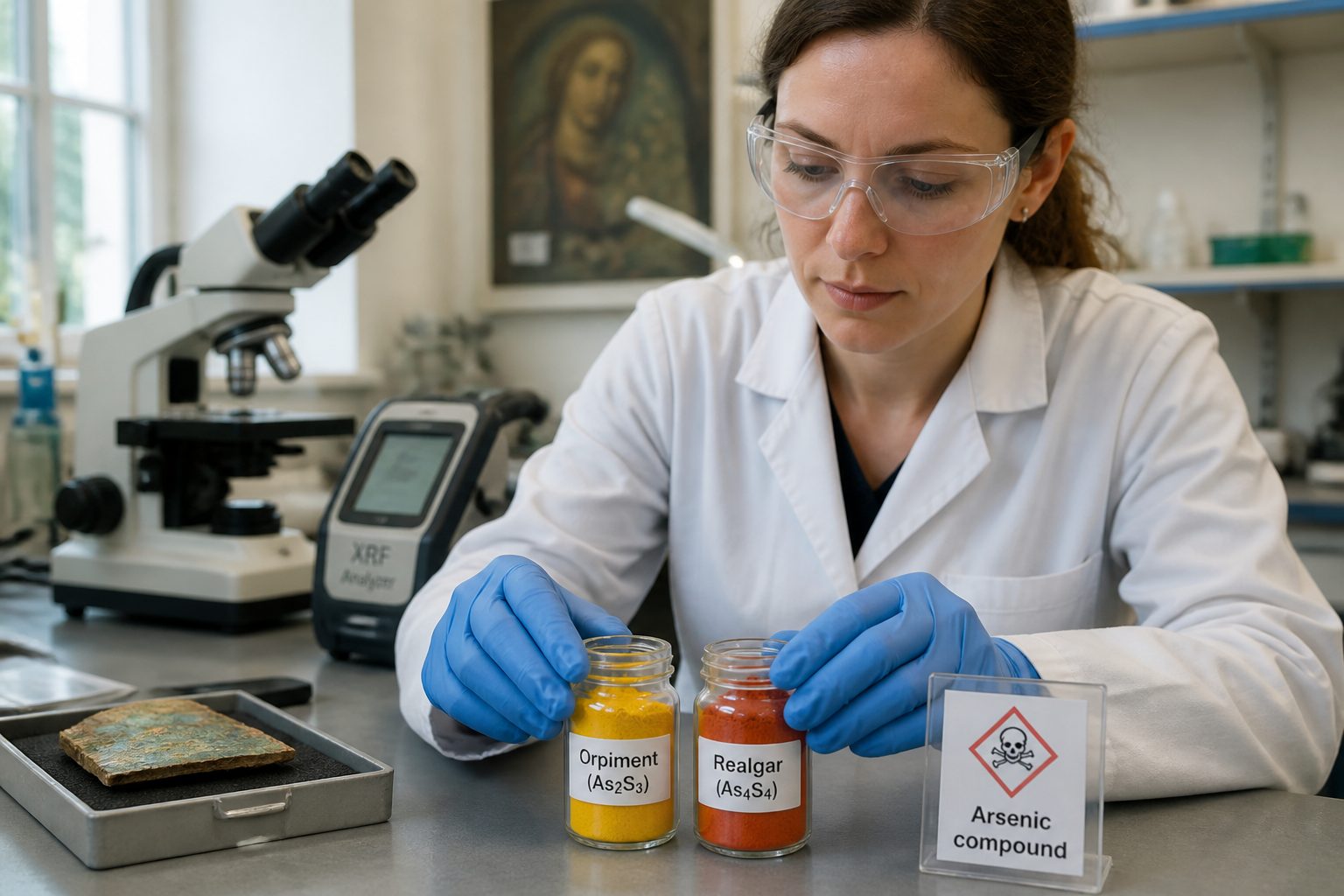 A female conservation scientist in a lab examines vials of yellow orpiment and red realgar pigment with an arsenic hazard label nearby.