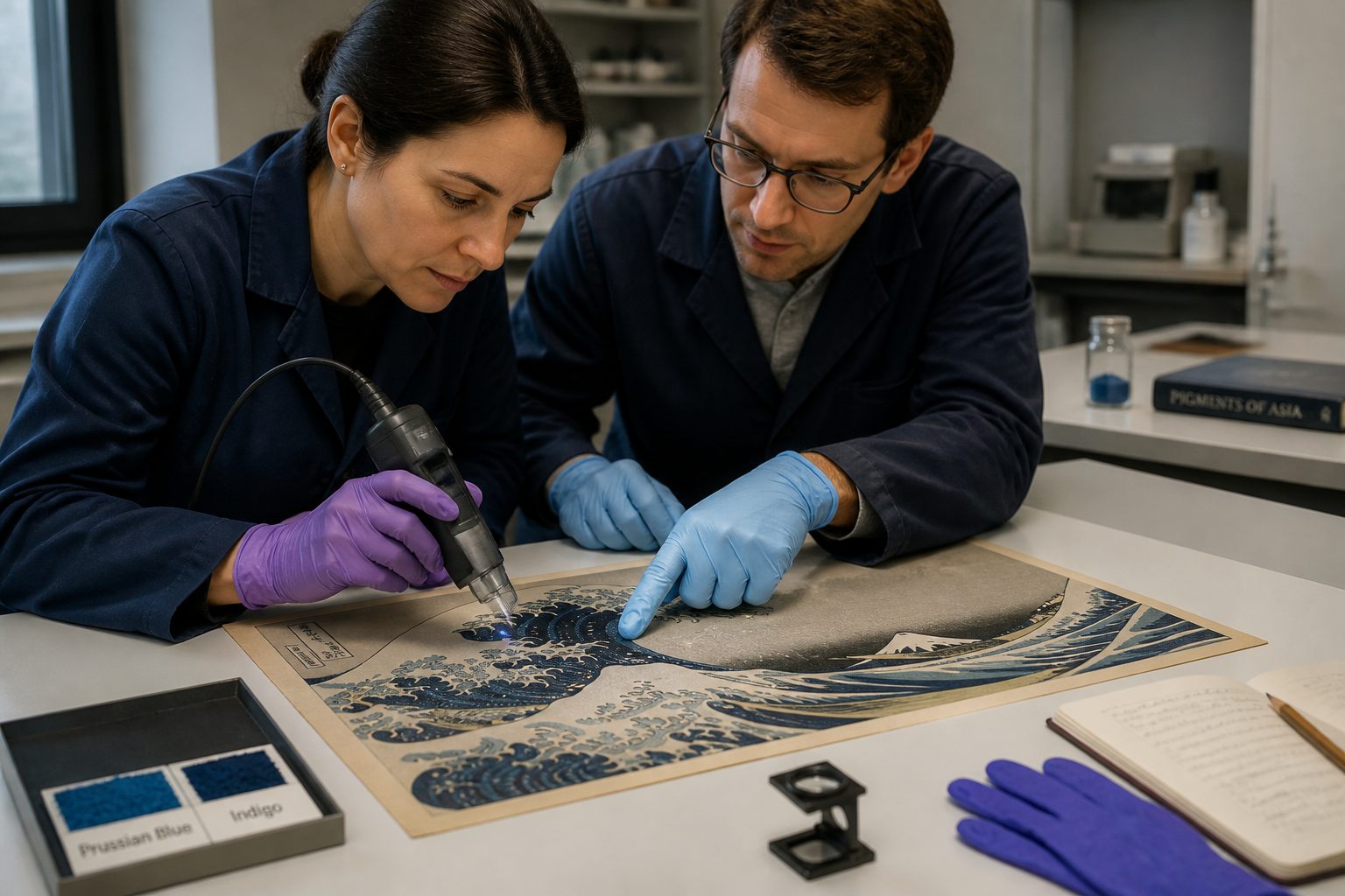 Two conservation scientists examine a Japanese woodblock print while testing the blue pigment with a handheld spectrometer in a lab.