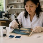 A female conservator in a lab examines the blue pigment on a Japanese woodblock print with an analysis probe beside vials labeled Prussian Blue and Indigo.