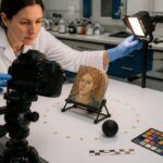 A conservator in a lab adjusts a camera and side light to capture reflectance transformation imaging of a painted pigment sample with a calibration sphere nearby.