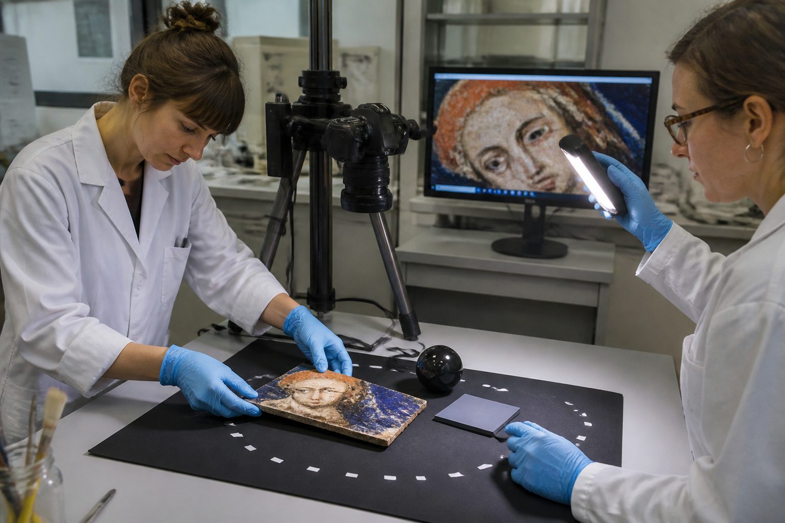 Two conservators in a lab use a camera and angled LED light to capture reflectance transformation imaging of a painted pigment sample with a black reference sphere.