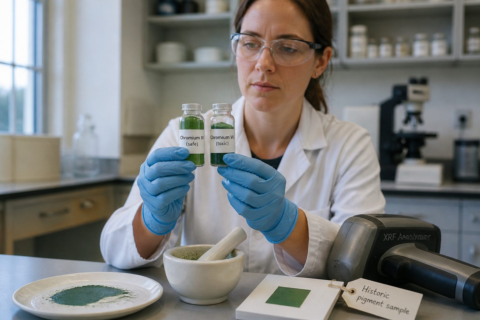 A female conservation scientist in a lab compares two green pigment vials labeled chromium three safe and chromium six toxic on a workbench with analysis tools.