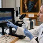 Art conservator in a lab examines a paint cross section under a microscope while a monitor shows degraded blue smalt pigment from an oil painting.