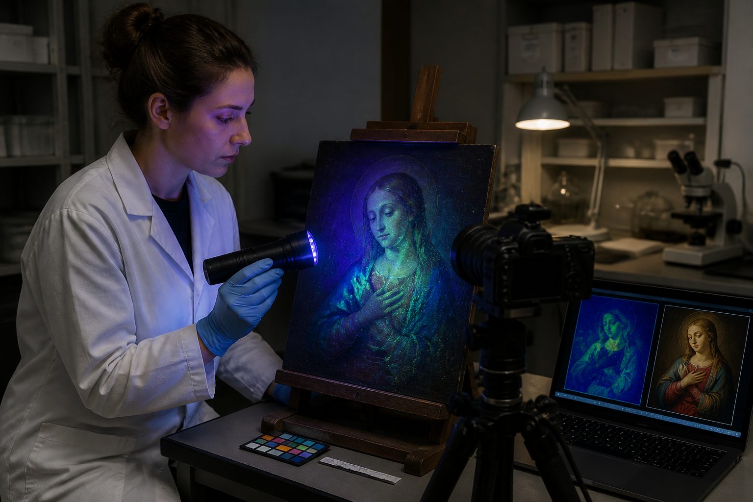 A conservator in a lab uses a UV lamp and camera to photograph fluorescence on a painting to reveal retouching and pigment distribution.