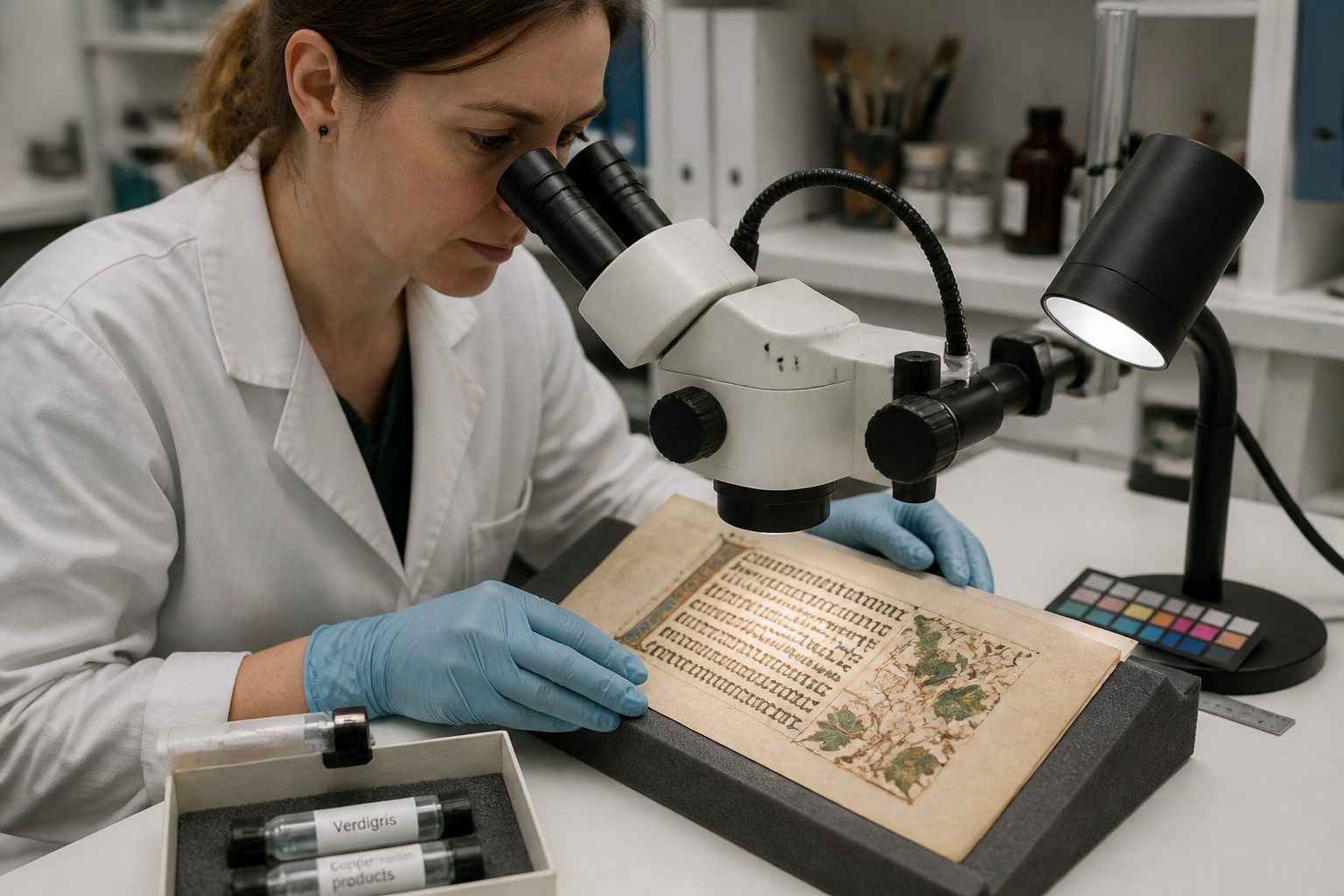 A female conservator in a lab examines an illuminated manuscript under a microscope, showing green verdigris areas that have turned brown.