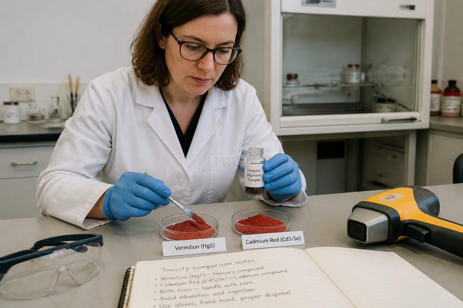 A conservation scientist in a lab compares vermilion and cadmium red pigment samples labeled on the workbench.