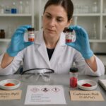 A female conservation scientist in a lab compares vermilion and cadmium red pigment samples labeled with their chemical formulas on a workbench.