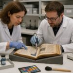 A conservator and a scientist examine a medieval manuscript while comparing indigo and woad blue pigments on a lab bench.