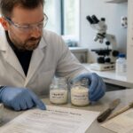 A conservation scientist in a lab compares jars labeled flake white and cremnitz white lead carbonate while reviewing a lead hazard safety sheet.