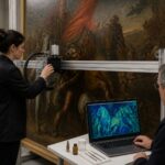 A conservator and a scientist use a macro X ray fluorescence scanner to map pigments across a large painting while viewing the results on a computer.