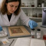 A female conservation scientist in a lab examines a Persian miniature painting while handling madder lake extract and alum mordant vials and comparing a faded pigment swatch from light exposure.