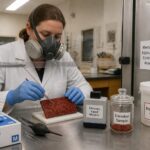 A museum conservator wearing gloves and a respirator handles a red cinnabar artifact under a fume hood beside a mercury vapor monitor.