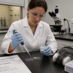 A museum conservator in a lab coat and gloves handles a vial of nanoparticle dispersion beside a microscope slide with a historical pigment sample and safety documents.