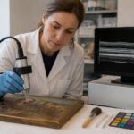 A female art conservator uses an optical coherence tomography probe above a painted panel while a monitor shows a cross section scan of paint layers.
