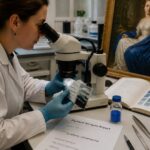 A conservator in a lab coat examines a blue paint sample under a microscope beside a nineteenth century academic oil painting.