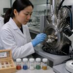 A conservation scientist in a lab loads a paint cross section sample into a ToF SIMS mass spectrometer while a colleague reviews a printed spectrum.