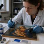 A woman art conservator in a lab examines a Raphael Madonna painting detail while comparing ultramarine blue pigment and lapis lazuli samples.